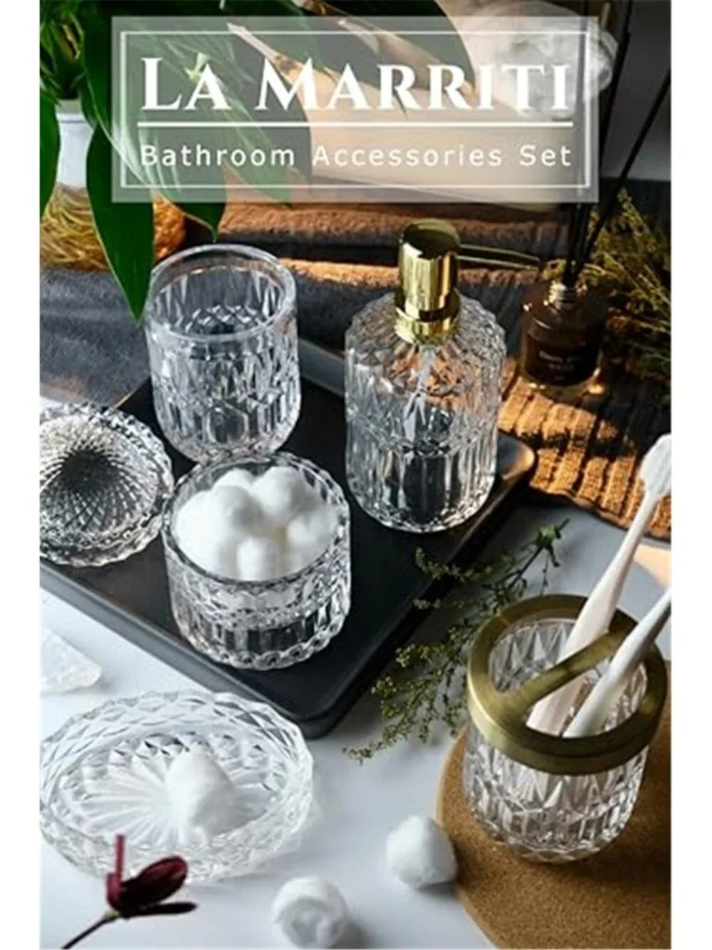 Clear Bathroom Accessories Set, 5pcs Crystal Glass Bathroom Set
